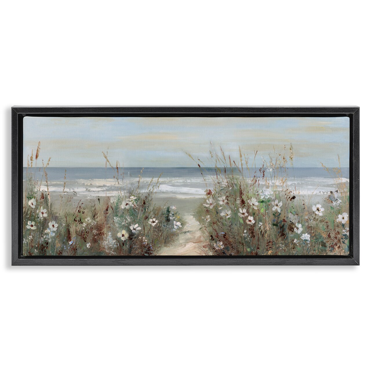 Stupell Industries Wildflower Coastline Beach Path Black Framed Floater Canvas Wall Art, design by Sally Swatland